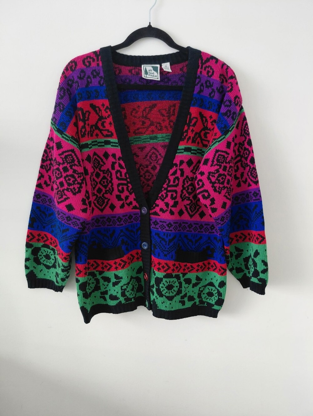 Vintage-Inspired Multicolor Patterned V-Neck Cardigan Sweater